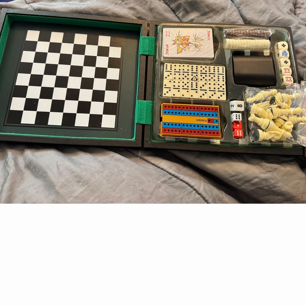 6-in-1 Travel Game Set Chess Backgammon Cribbage Dominoes Checkers Poker Case